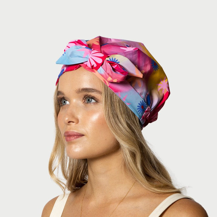 Woman wearing waterproof shower cap floral oil painting print