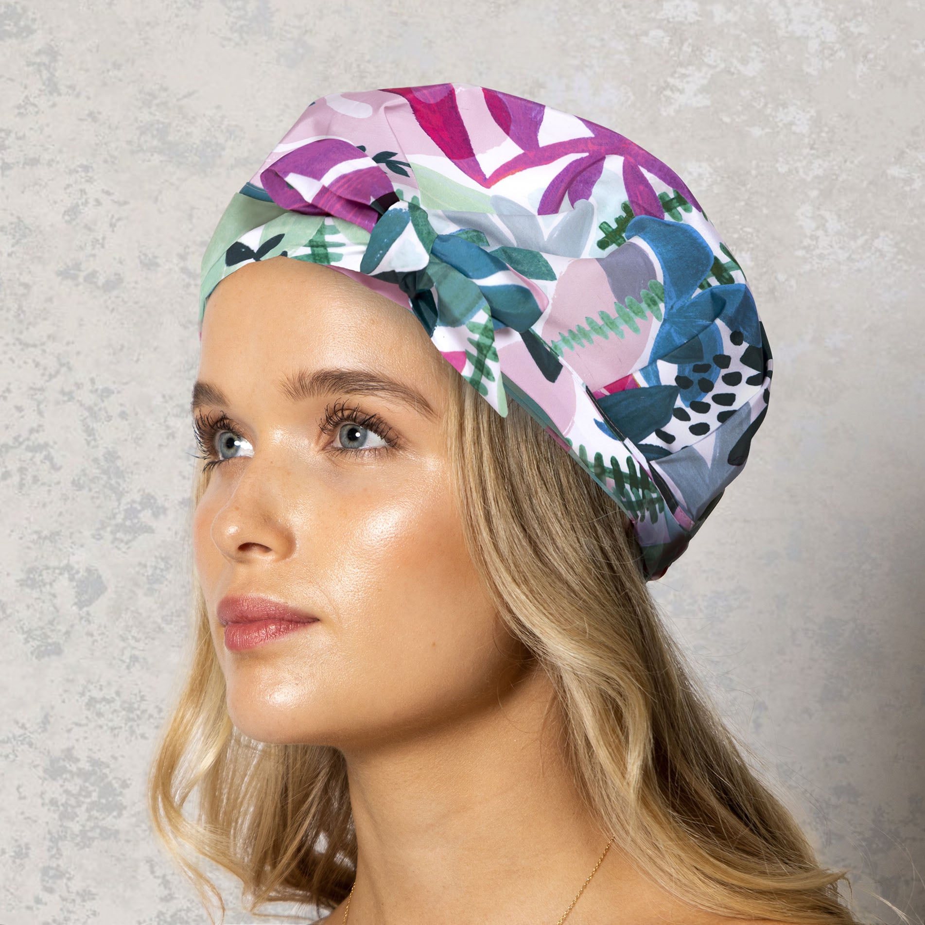 Woman Wearing Shower Cap Abstract Floral Print