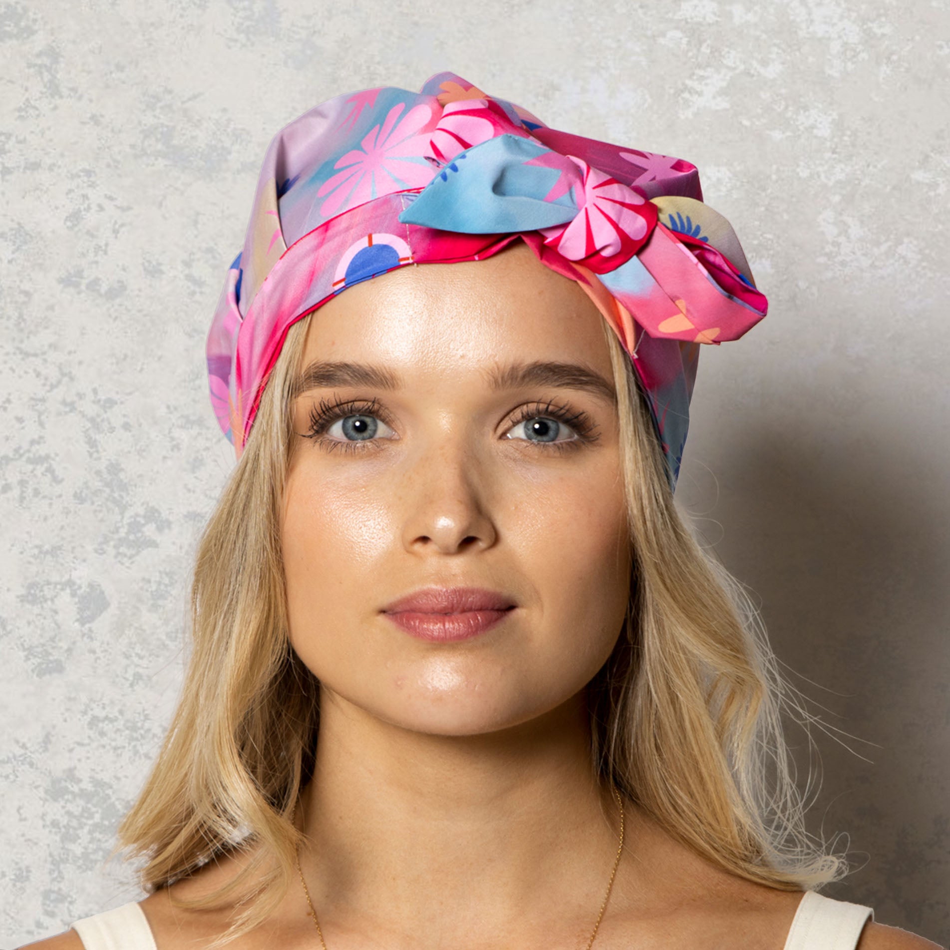 Shower Cap on Model Wearing Floral Oil Painting Print