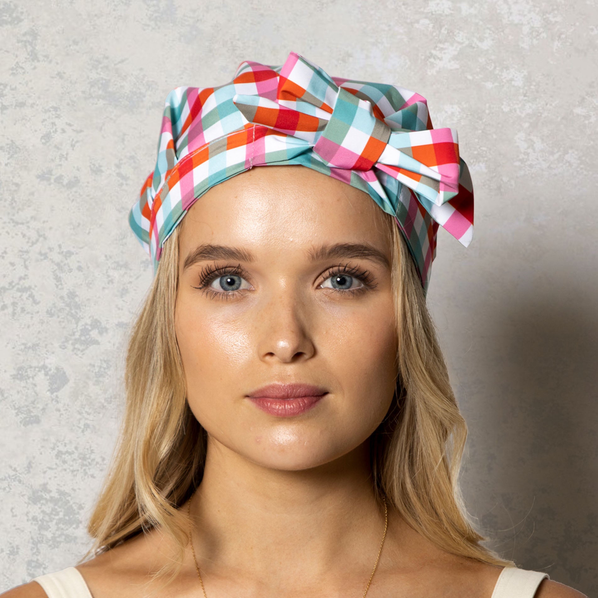 Model Wearing Shower Cap Gingham Print