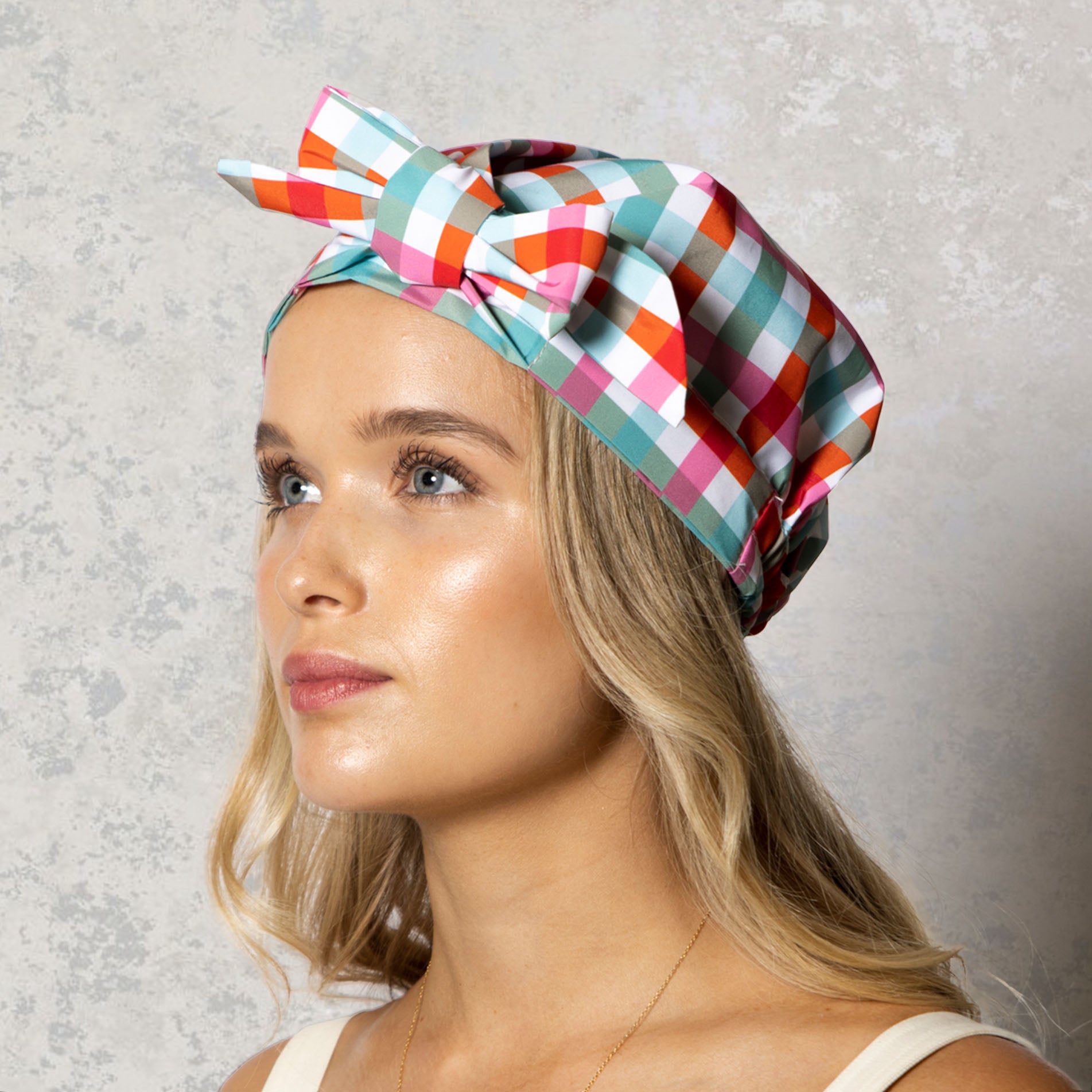 Woman Wearing Shower Cap Gingham Print