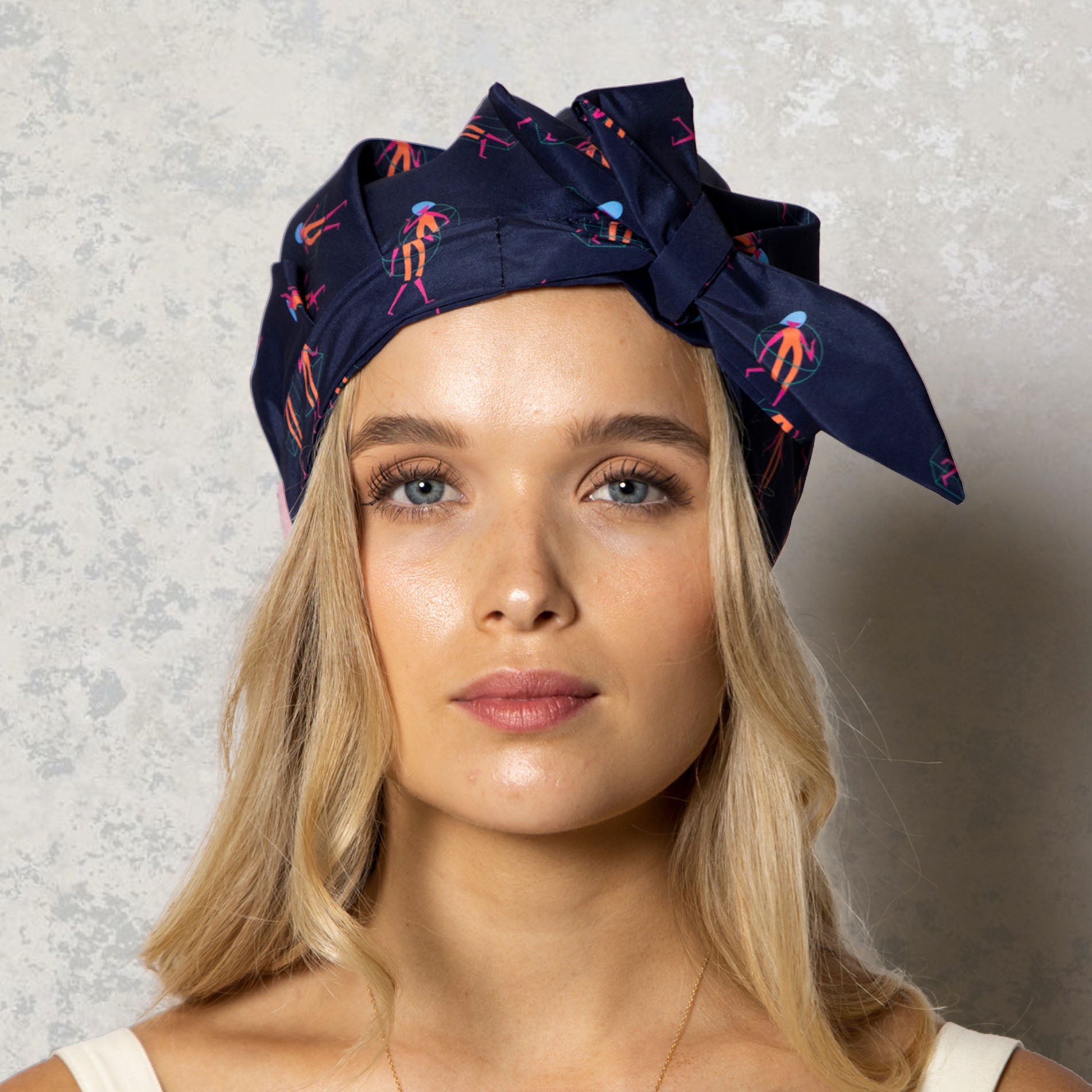 Shower Cap Model Wearing You Squared Print