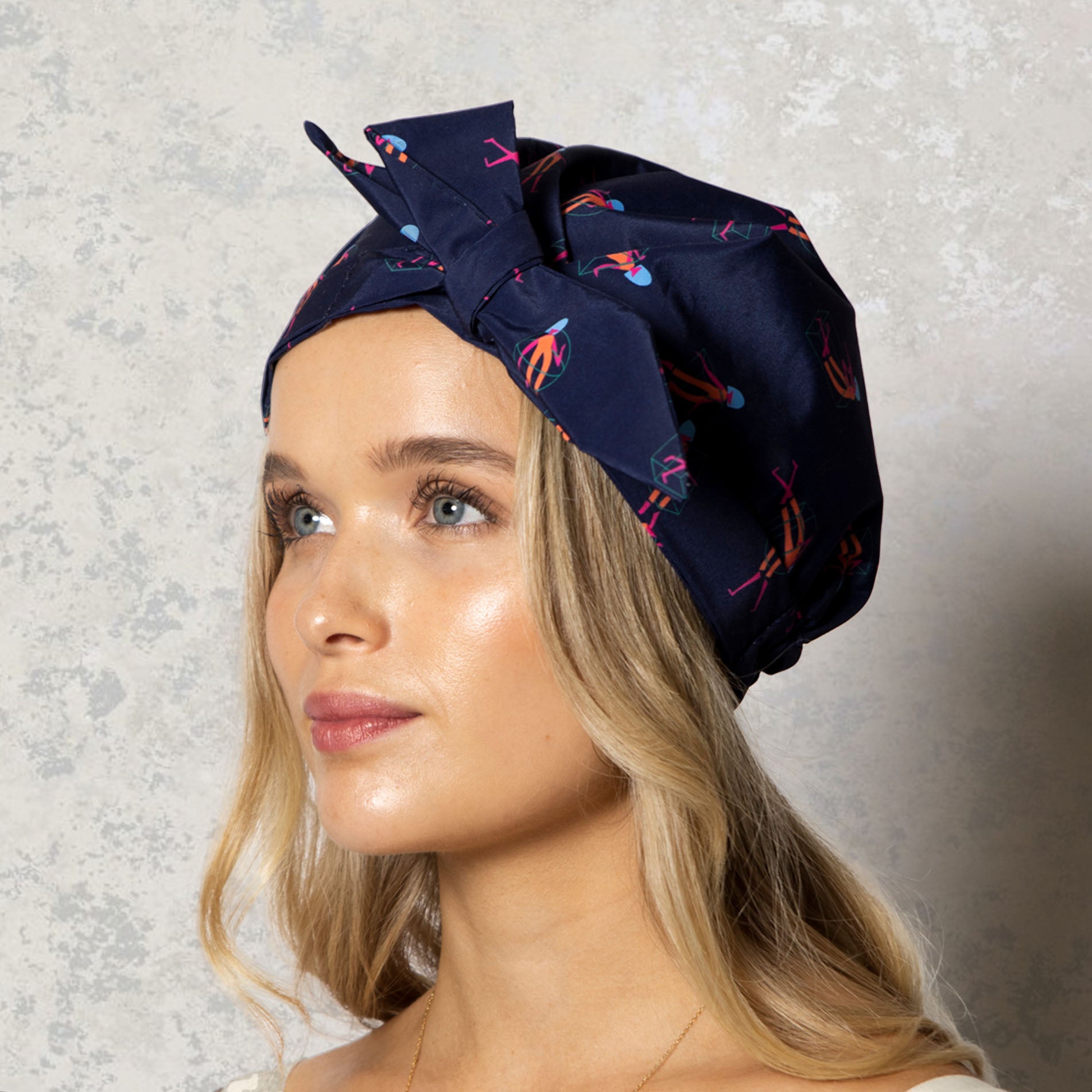 Shower Cap Model Wearing You Squared Print